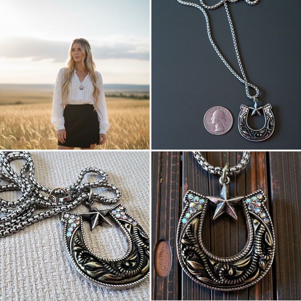 Silver and Gold Toned Horseshoe Necklace with Star Accent on a 24” chain - Picture 17 of 17